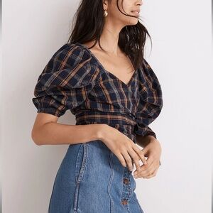Madewell Sweetheart Wrap Top Plaid Oversized Puff Sleeves